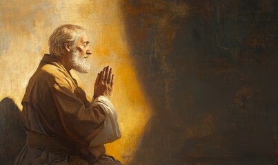 Biblical figure in quiet reflection, hands clasped in prayer, bathed in warm light