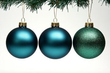  Tres esferas navideñas en tonos azul y verde colgando de una rama de abeto, perfectas para una decoración festiva y elegante de Navidad.

