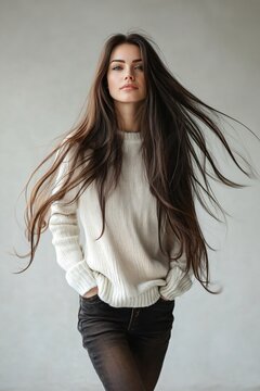 Fashion model with long, flowing brunette hair, casually posing in a white sweater and dark pants with hands in pockets