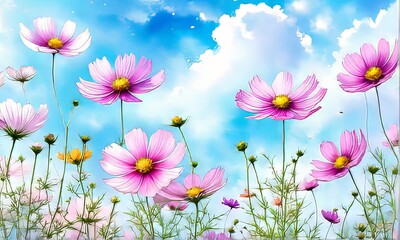 Vibrant field of colorful flowers against bright blue sky, creating joyful, lively scene. Flowers blooms reach upwards, blending with fluffy clouds, capturing essence of spring. For print, wallpaper.