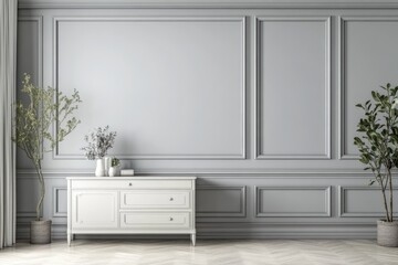 Modern Grey Living Room Interior with Drawer and Empty Molding Wall Decor