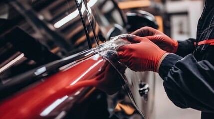 A person applying protective film to a car's surface in a workshop.