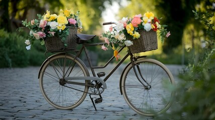 Fototapeta premium Charming Vintage Bicycle Adorned with Colorful Flowers: A Delightful Scene on Cobblestone Paths, Perfect for Evoking a Whimsical and Romantic Atmosphere