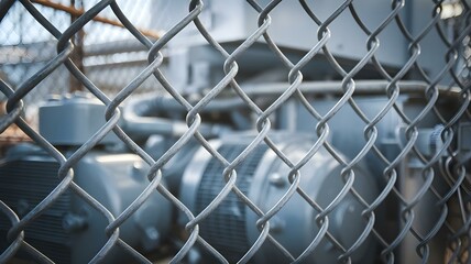 Fototapeta premium Industrial Machinery Behind Chain-Link Fence: A Detailed View of Mechanical Equipment Enclosed for Safety, Highlighting the Intersection of Technology and Security