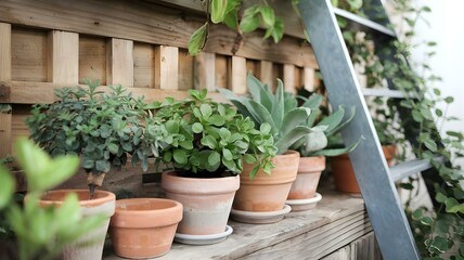 Charming Indoor Garden: A Collection of Potted Plants Displayed on a Rustic Wooden Shelf, Enhanced by Nature's Beauty in a Cozy, Inviting Space