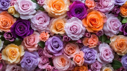 Vibrant Floral Garden: A Celebration of Spring with Beautiful Roses in Purple, Violet, and Orange