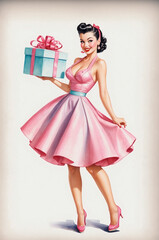 Vintage Pin-Up Holding Gift for Holiday and Birthday Cards – Retro-Style Woman with Gift Box on White Background for Greeting Cards