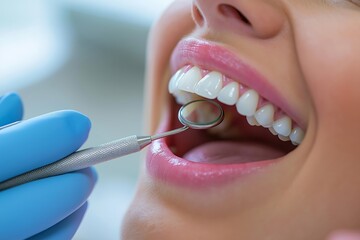 Closeup of female patient with open mouth receiving dental treatment at dentist office