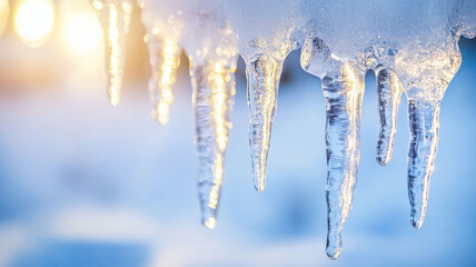 Close-up of icicles forming on small branches, glistening in the sunlight, creating a miniature frozen world with delicate details. Text space in the background