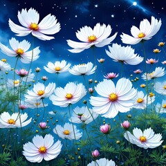 Vibrant field of colorful flowers against bright blue sky, creating joyful, lively scene. Flowers blooms reach upwards, blending with fluffy clouds, capturing essence of spring. For print, wallpaper.