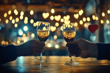  Dos copas de vino brindando en un ambiente romántico con luces desenfocadas en forma de corazones, simbolizando una noche especial de San Valentín.

