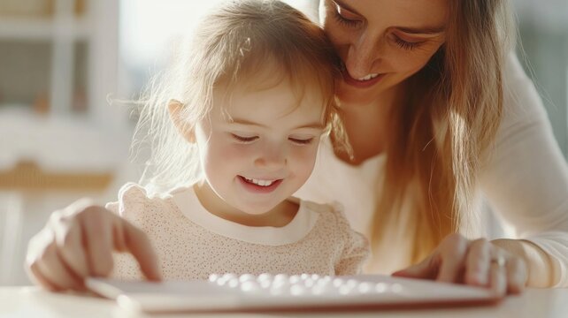 Mother and daughter sharing a happy moment with read a Braille storybook, World Braille Day
