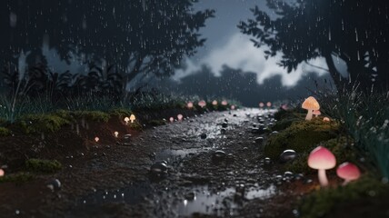 Fototapeta premium Rainy Night Forest Path with Glowing Pink Mushrooms