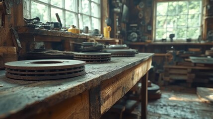 Obraz premium A close-up view of a wooden workbench in a cluttered workshop, with several metal brake discs on the surface.