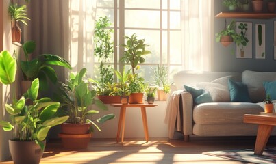 Cozy living space with pots and plants on a wooden table, warm sunlight streaming in