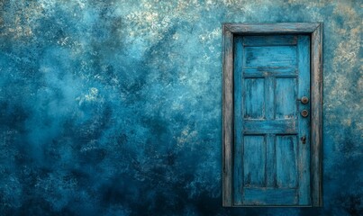 Creative background. Old wooden door, blue color, in the box. Transition to a different climate. The concept of climate change, portal, magic.