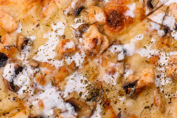 Creamy pizza with truffle cheese, mozzarella, chicken and mushrooms