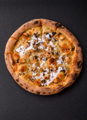 Creamy pizza with truffle cheese, mozzarella, chicken and mushrooms