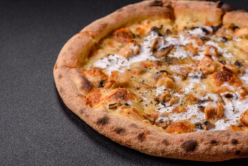 Creamy pizza with truffle cheese, mozzarella, chicken and mushrooms