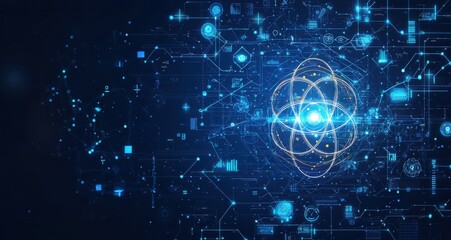 Blue glowing digital background featuring a vibrant atom symbol