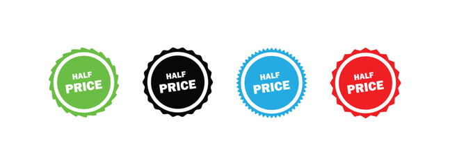 half-price sale set vector illustration in green, black, blue and red colors style on white background.