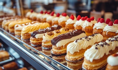 Eclairs on the shelf of a pastry shop or cafe. Tasty french sweets on window shop, delicious pastries for coffee. Cakes in pastry shop, variety of desserts with creamy topping on display in bakery