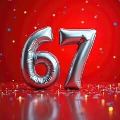 Shiny silver balloons shaped as the number 67 against a vibrant red backdrop with colorful confetti scattered below. Birthday, date 