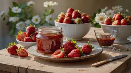 Fresh strawberries and homemade strawberry jam on a wooden table with floral background