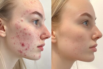 Obraz premium Before-and-after image showing skin improvement, highlighting acne treatment results.