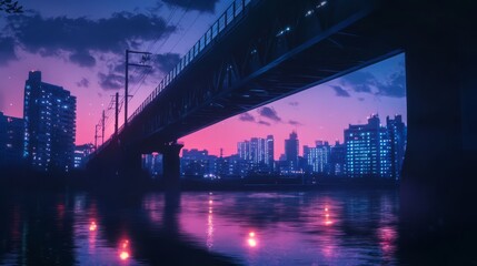 A large bridge over a river in a city at dusk, with a vibrant pink and blue sky.