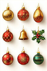 planche illustration, color&eacute;, d&eacute;coration no&euml;l, boules, sapin, houx, &eacute;toile, cloche, suspendu, bleu, rouge, vert, jaune, fond blanc, ressources graphiques