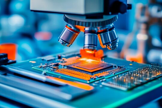Examining microprocessor details under high magnification in a lab with generative AI