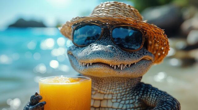 A Cute Crocodile Wearing Sunglasses and a Straw Hat Enjoying the Day
