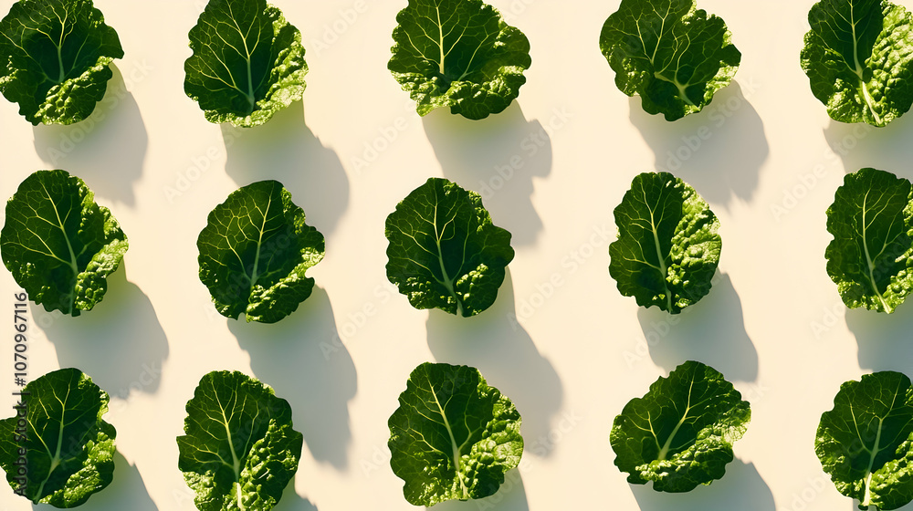 Wall mural a repeating pattern of fresh green leaves with shadows arranged in a grid on a light background.