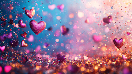 Abstract design featuring hearts and confetti on a bright, festive background, with a shiny texture that adds a celebratory feel, ideal for birthday or Valentineâ€™s Day greetings