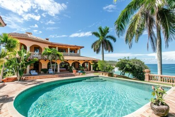 Fototapeta premium Elegant villa with a pool overlooking the ocean on a sunny day
