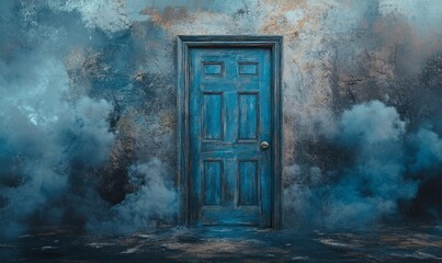 Creative background. Old wooden door, blue color, in the box. Transition to a different climate. The concept of climate change, portal, magic.