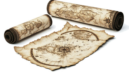 Ancient Fantasy Maps on Aged Parchment Scrolls Displayed Together Generative AI