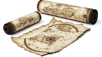 Ancient Fantasy Maps on Aged Parchment Scrolls Displayed Together Generative AI