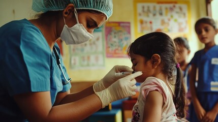 A young girl receives a vaccination from a nurse in a classroom setting.