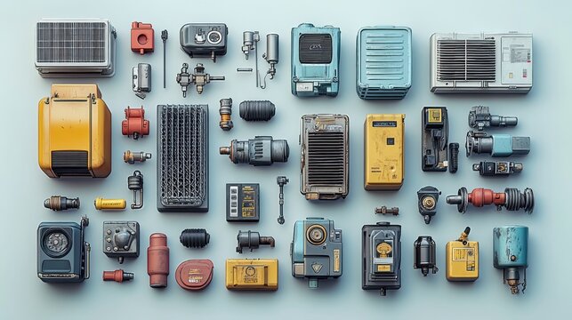 A collection of vintage-style sci-fi tech components.