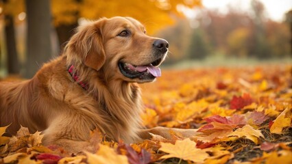 Golden retriever lying on vibrant autumn leaves in a park, enjoying the seasonal beauty. A heartwarming and colorful scene highlighting the charm of fall and pets.

