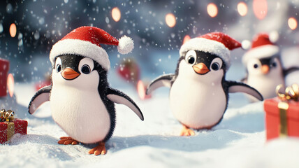 Fototapeta premium Cute animated penguins wearing Christmas hats, waddling through snow, surrounded by small holiday gifts, creating a festive and playful scene