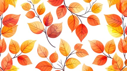 Seamless autumn leaves pattern in shades of orange, yellow, and red on a white background. Seasonal design for prints or decorations