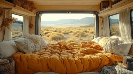 A welcoming van interior features a plush yellow blanket spread across a bed, surrounded by scenic mountains and vast fields. The warm light of the golden hour enhances the tranquility of the setting.