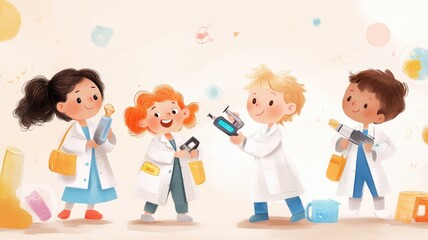 Young scientists in lab coats engaged in fun experiments and exploration,Kid Inventors’ Day