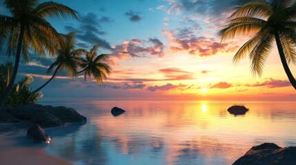 A breathtaking sunset over a tranquil beach with palm trees, rocks, and calm water.