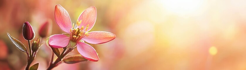 Fototapeta premium A close-up of a delicate pink flower with soft sunlight in the background, creating a serene and warm atmosphere.