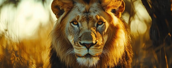 Naklejka premium A majestic lion gazes directly at the camera, surrounded by golden grasses, showcasing its powerful presence and regal mane in the warm light of dawn.