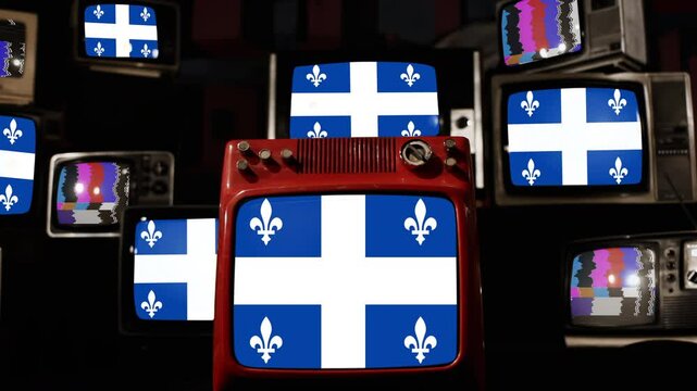 Stacked TVs with Quebec Flag Display, Retro Aesthetic - 4K